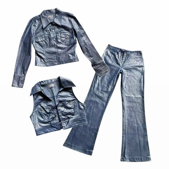NWOT! Vintage 90s Y2K euro blue and silver shimmer stretch denim 3-piece set